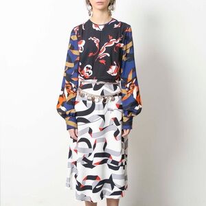 MSGM Massimo Giorgetti Patterned Midi Dress Abstract White, Black & Red $1065 40